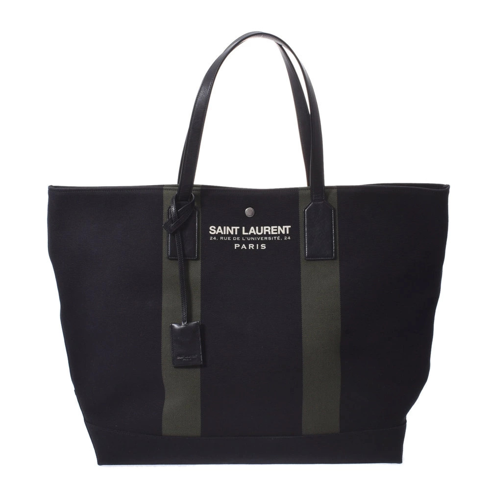 SAINT LAURENT Black Canvas Leather Tote Bag